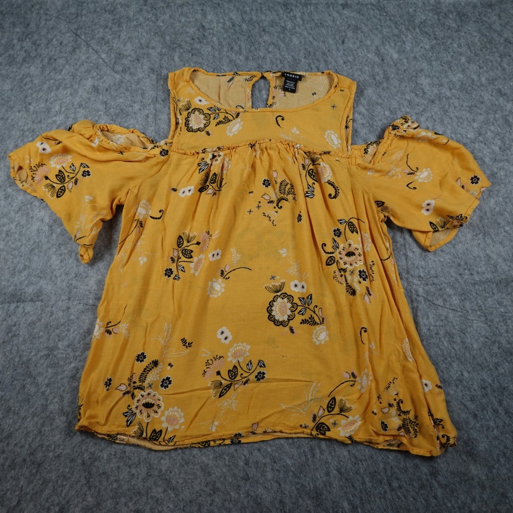 Torrid Top Women 1X Yellow Floral Cold Shoulder Boho Peasant Flowy Romantic